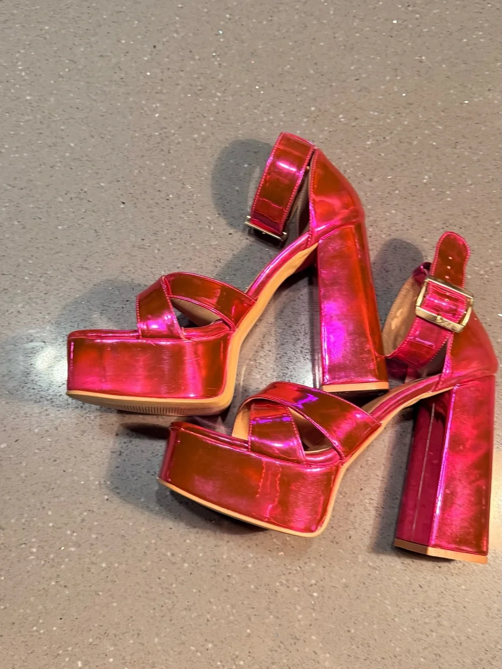 Shiny Fuchsia Platform Block Heel Sandals with Ankle Strap